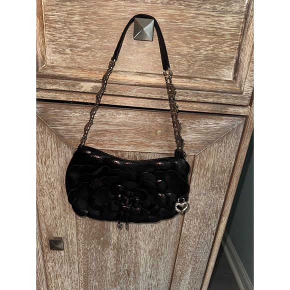Brighton Black Floral Leather Applique Shoulder Bag Silver Chain Heart Charm - Picture 5 of 13